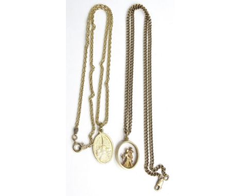 Two 9ct gold pendant and chains, comprising a 9ct gold Venetian chain, with a gold plated pendant, 7.2g, and a 9ct gold curb 