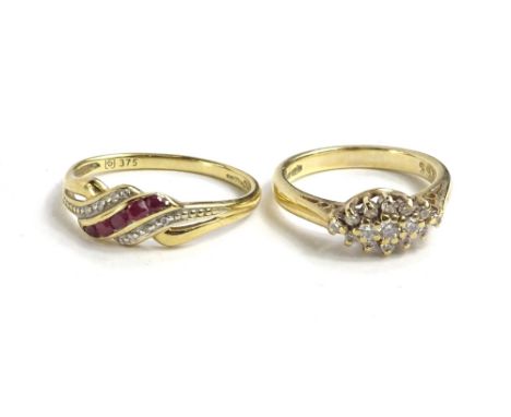 Two 9ct gold dress rings, to include a cz cluster ring, and a garnet and diamond set three row dress ring, 4.7g. (2)