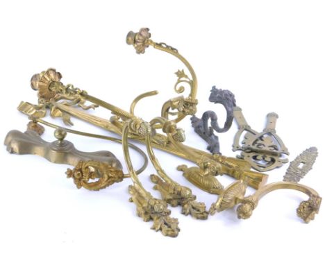 Miscellaneous metalware, to include a two branch Adams style wall light, curtain tie backs etc.