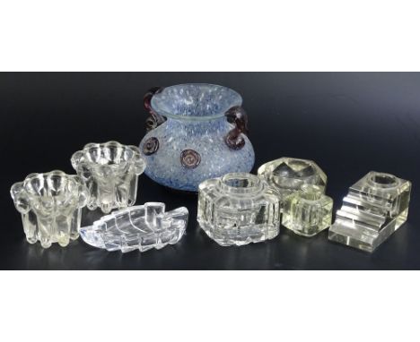 A collection of glass, to include an art glass mottled vase with two handles, ink wells etc.