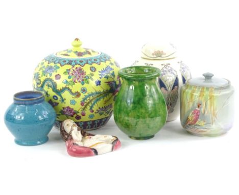 A collection of ceramics, to include a jar and cover, decorated with a pheasant in Worcester style, a Carter Stabler and Adam