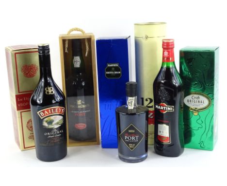 A collection of spirits to include cognac, sherry, Cockburn's 1996 vintage port, Ouzo 12, etc.