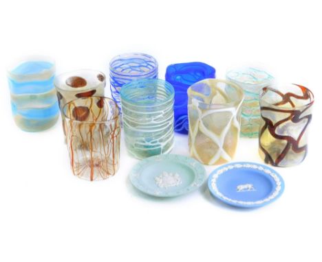 A quantity of art glass vases or small beakers, each with various trailed and other decoration, a Wedgwood Lloyds of London t