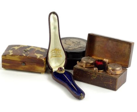 A collection of items, to include a Victorian tortoiseshell patch box, a Victorian Jubilee snuff box decorated to each end to