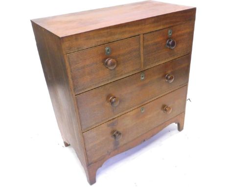 An early 19thC oak caddy top chest of drawers, with two short and two long drawers with later turned wood handles and bracket