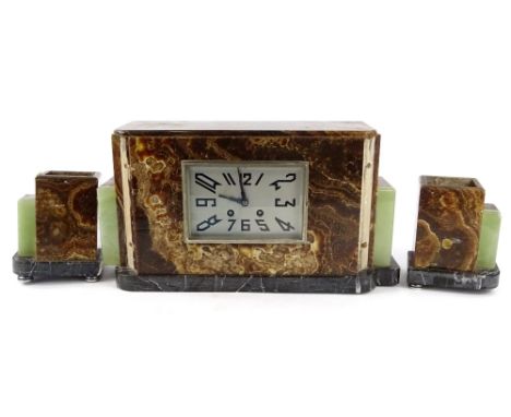 A French Art Deco onyx clock garniture, with square dial, the clock flanked by a pair of small shallow urns, (AF), the clock 