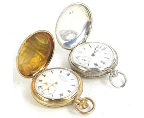 Two pocket watches, to include a Waltham gold plated pocket watch, and a silver Hunter pocket watch, with white enamel dial, 