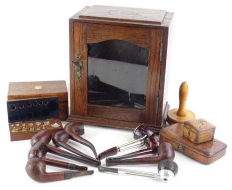 Various treen etc., to include an oak smoking cabinet and pipes, scales, weights, stamp box etc.