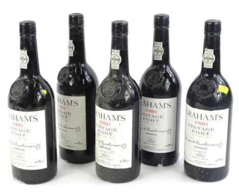 Five bottles of Grahams 1980 vintage port.