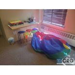 Lot of kids bean bag chairs, stools and asst games and activities