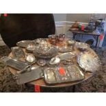 Lot of assorted punch bowls with plastic scoops, silver plated trays, copper serving cups, glassware