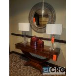 Lot of furniture including 60 inch hardwood accent table, (2) crystal lamps, wall mirror, framed