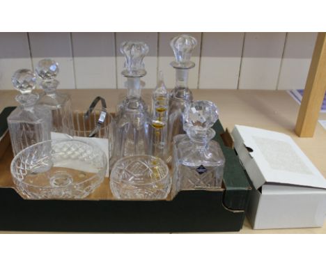 Seven various decanters including Edinburgh crystal whisky, glass ice bucket, cut glass dishes etc