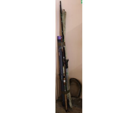 A Greys Xi two piece fly rod in case, a Gemko two piece fly rod, a Jarvis Walker Devin 11ft feeder rod, two spinning/pike rod