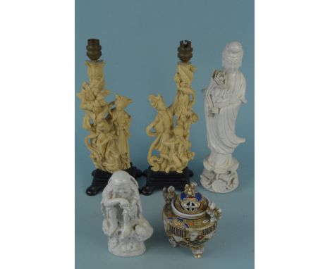 Two Chinese Blanc de Chine figures plus a pair of Oriental resin lamp bases and a Japanese Koro