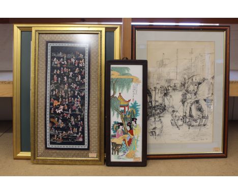 A Chinese painted tile panel of three courtesans, a framed Oriental silk picture, a Japanese floral watercolour plus a pen an
