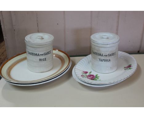 Four assorted serving dishes plus a pair of vintage kitchen jars 'Cakeoma for Cakes', 'Rice' and 'Tapioca'