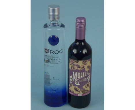 A bottle of Ciroc Snap Frost vodka plus a bottle of mulled wine