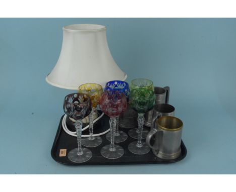 A ceramic based table lamp decorated with birds (untested), a Harlequin set of six hock glasses plus four pewter mugs