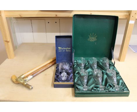 Three vintage walking sticks, a boxed set of six coronet cut glass wine glasses plus a single boxed Buckingham cut glass bran