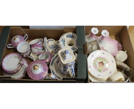 A box containing four pieces of Masons Ironstone 'Manchu' pattern wares, a vintage Japanese part tea set with lithoplanes in 