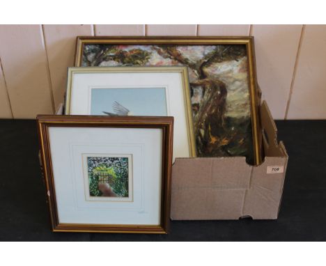 A framed oil on board of a horse signed G K '77, a framed watercolour of a swallow signed D Hurd 86 plus a small tapestry of 