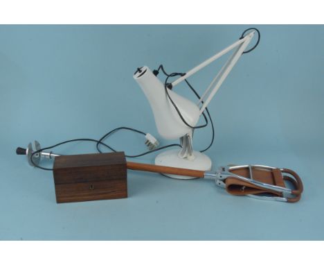 A vintage angle poise lamp (not tested) plus a set of vintage dominoes in rose wood box and a shooting stick
