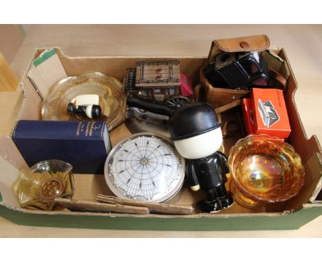 A mixed box of items including a Coronet Popular 12 camera, vintage iron glassware etc