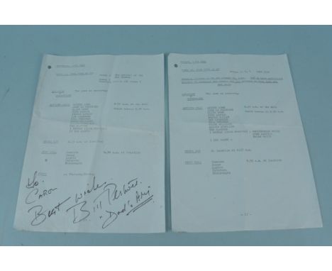 An autographed Bill Pertwee 'Dads Army' two page time sheet with cast list etc