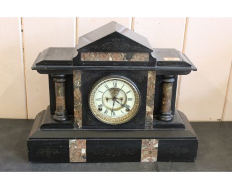 A large slate cased Ansonia Clock Co mantel clock, patented 1881/82, 43.5cm long at base (lacking pendulum)