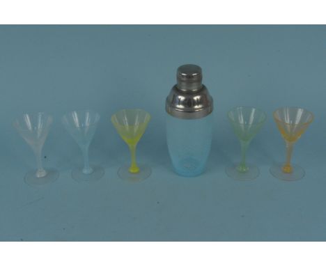 A vintage white metal and swirl glass cocktail shaker plus five harlequin glasses
