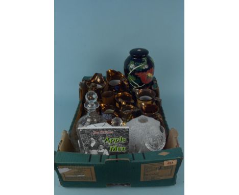 A selection of 19th Century copper lustre ware, two 1920's glass shades, decanter, lamp base etc