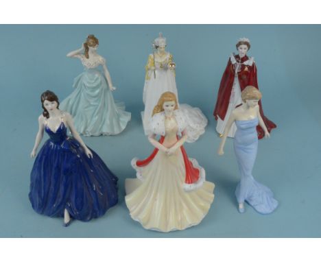 Two Royal Worcester figurines and three Coalport plus a Royal Doulton Diana Princess of Wales