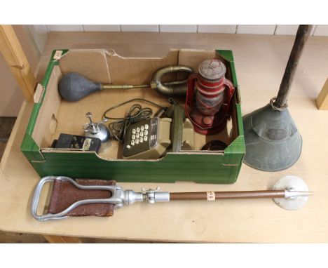A mixed selection of items including a vintage brass car horn, vintage telephone, wash dolly, shooting stick etc
