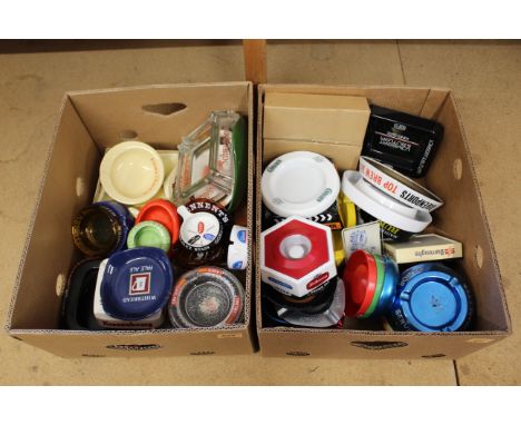 Two boxes of advertising ashtrays including ceramic, glass and plastic
