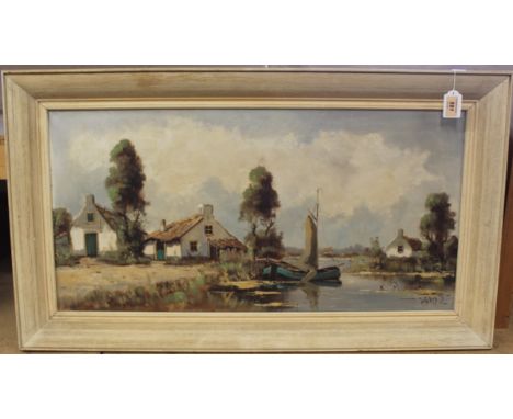 A vintage framed oil on canvas of a barge and river scene, signed bottom right Mariss, 79cm x 40cm