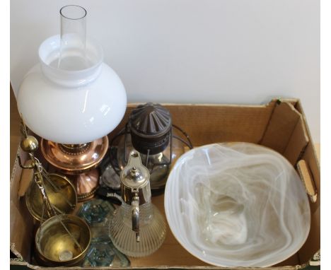 A copper oil lamp with glass shade, a vintage storm lamp, a white Art glass bowl, a claret jug plus a selection of Jack Danie