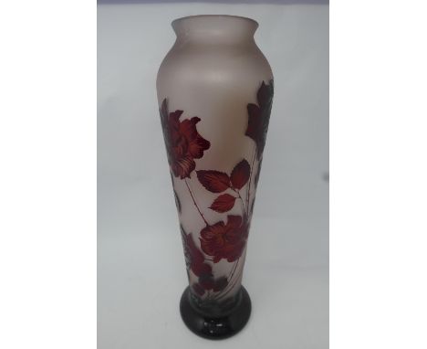 A Galle style red glass vase with floral decoration signed Z.Gabor, H.44 