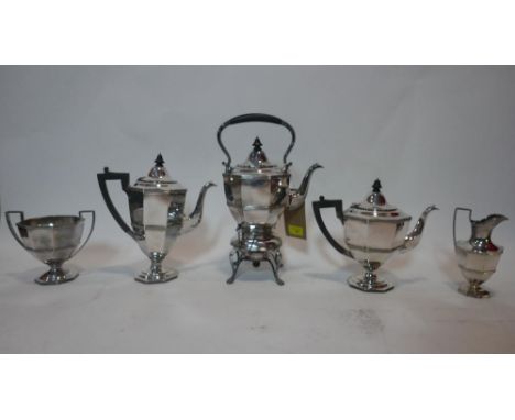 An early 20th century, silver-plated, 5 piece teaset of faceted, octagonal form, comprising of milk jug, sugar bowl, two teap