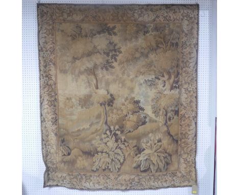 A late 19th/early 20th century wall hanging tapestry depicting a woodland scene, 200 x 172cm (some damage) 