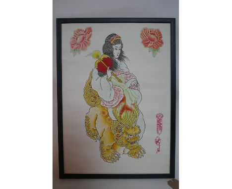 A Chinese lithograph of a lady riding a Dog of Fo, bearing blind stamps, 68 x 48cm 