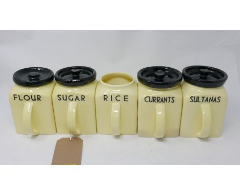 Five Bristol Kitchen Ware ceramic storage jars by Pountney &amp; Co. Ltd., labelled Sugar, Rice, Sultanas, Currants and Flour