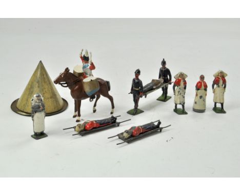 Group of various vintage metal figures comprising Britains medical themed issues plus one other mounted item. Generally fair 