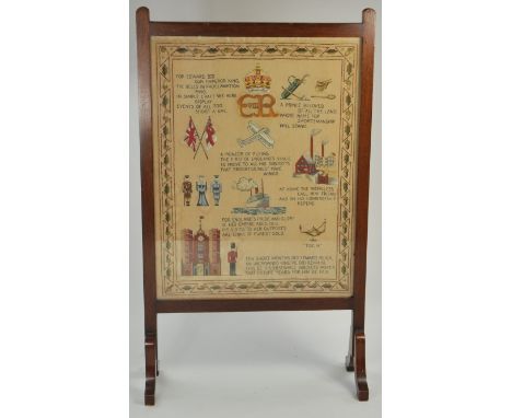 Royal Interest - Oak framed fire screen with unusual attractive panel display commemorating Edward VIII with a poem and illus