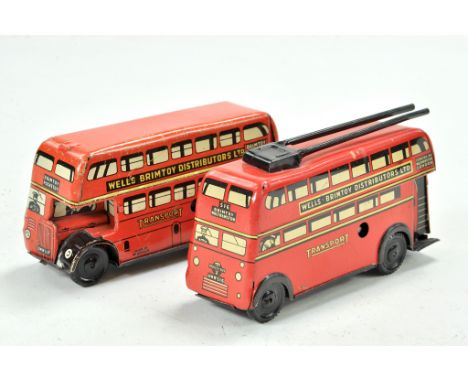 Wells Brimtoy mechanical tinplate duo of Double Deck Buses. Both in good working order, both good to very good.