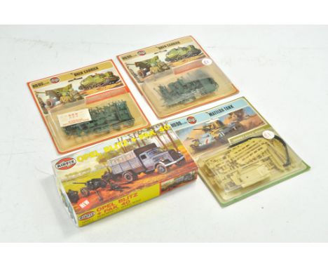 Airfix model kit group comprising four military kits including Opel Blitz truck plus Bren Carrier and Matilda Tank. Complete.