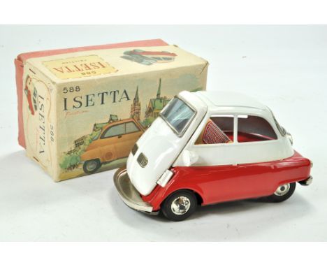 Bandai Japanese Friction Driven Tinplate issue comprising No. 588 Isetta Bubble Car in Red and White. Lovely example is certa