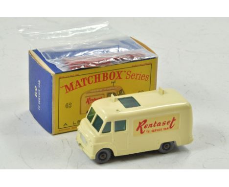 Matchbox Regular wheels No. 62B Commer TV Service Van. Cream body with red plastic ladder, 3 TVs 'Rentaset' decal on side of 