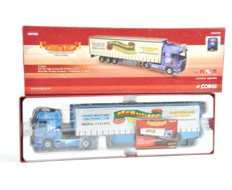 Corgi Diecast Model Truck issue comprising No. CC13247 DAF 95 Fridge Curtainside in livery of McAuliffe. Appears good in box.