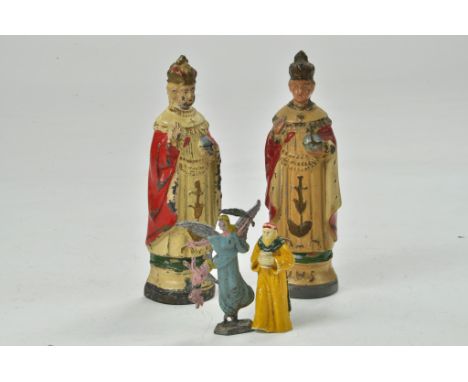 A small group of metal religious themed vintage figures inclusive of duo of larger items, Angel 'Gabriel'? Plus one other. Ve